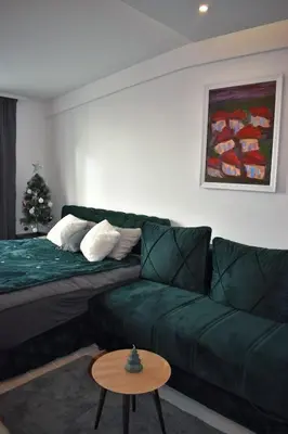 a living room with a green couch and a christmas tree at Eagle View Milmari N81 in Kopaonik