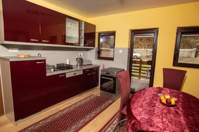 a kitchen with a table and a stove and a sink at Vila Nada in Crni Vrh