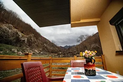 a table with a vase of flowers sitting on a balcony at Vila Nada in Crni Vrh
