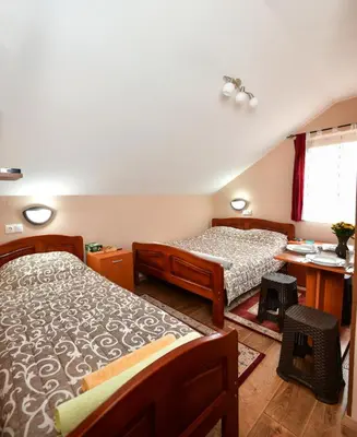 a bedroom with two beds and a fireplace in it at Vila Nada in Crni Vrh