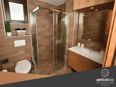 a bathroom with a shower and a toilet and a sink at Apartman PETICA KOP A8 Kopaonik in Kopaonik