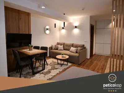 a living room with a couch and a table at Apartman PETICA KOP A8 Kopaonik in Kopaonik