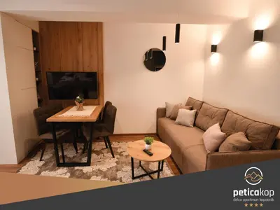 a living room with a couch and a table at Apartman PETICA KOP A8 Kopaonik in Kopaonik