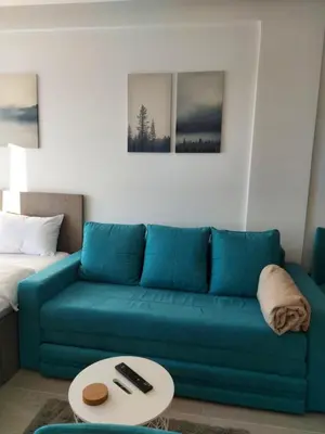 a living room with a blue couch and a bed at Ivkovic spa Milmari N16 in Kopaonik