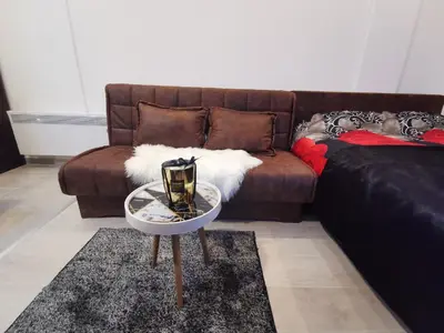 a living room with a brown couch and a table at Kopaonik apartmani NR in Kopaonik