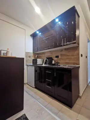 a kitchen with black cabinets and a sink at Kopaonik apartmani NR in Kopaonik