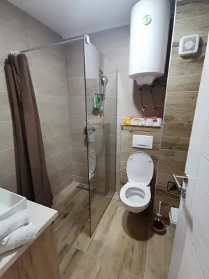 a bathroom with a toilet and a glass shower at Kopaonik apartmani NR in Kopaonik