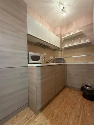 a kitchen with a sink and a microwave on a counter at Mujen Lux Tutic - Free Spa & Wellness in Kopaonik