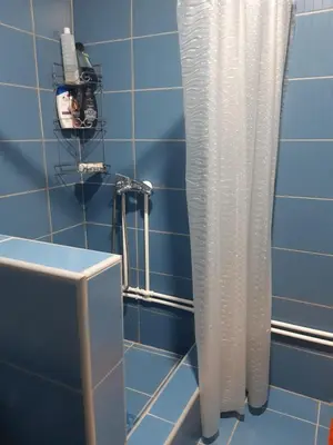 a shower curtain in a bathroom with a blue wall at Seosko turističko domaćinstvo Stojković in Aleksinac