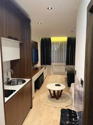 a kitchen with a sink and a living room at Apart Hotel & spa Zoned II, Kopaonik, apartman Lukač - special benifit Children up to 17 of age accompanied by two adutls staj for free! FREE PARKING! in Kopaonik