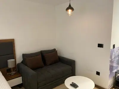 a living room with a couch and a table at Apart Hotel & spa Zoned II, Kopaonik, apartman Lukač - special benifit Children up to 17 of age accompanied by two adutls staj for free! FREE PARKING! in Kopaonik