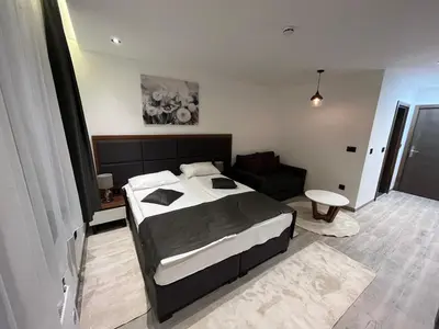 a bedroom with a bed and a couch at Apart Hotel & spa Zoned II, Kopaonik, apartman Lukač - special benifit Children up to 17 of age accompanied by two adutls staj for free! FREE PARKING! in Kopaonik