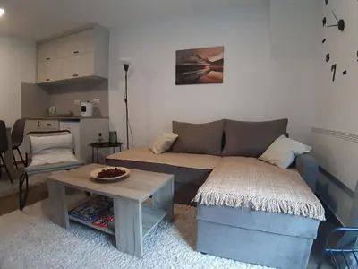 a living room with a couch and a table at Ajrin Apartman Kopaonik in Kopaonik