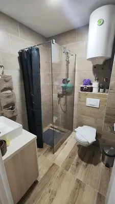 a bathroom with a shower and a toilet and a sink at Apartman Lorena N70a in Kopaonik