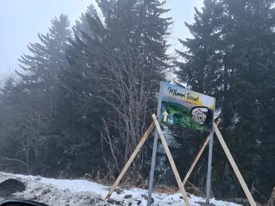 a sign in the snow with trees in the background at SkyKop Apartman L21 in Kopaonik