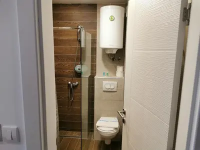 a small bathroom with a toilet and a shower at SkyKop Apartman L21 in Kopaonik