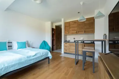 a bedroom with a bed and a kitchen at Vidik Residence in Kopaonik