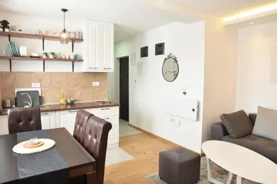 a kitchen and living room with a table and a couch at Pegaz Premium Apartman Privatan Parking in Kopaonik