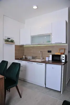a white kitchen with a sink and a microwave at Milmari N 20 Resort in Kopaonik
