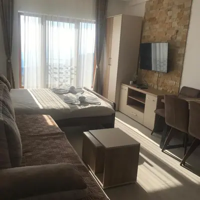 a hotel room with a bed and a couch and a tv at Apartman “N 17”Milmari-Kopaonik in Kopaonik