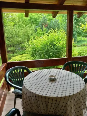 a table and chairs on a screened in porch with a table and chairs at Studio Sanja Knez in Soko Banja