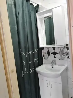 a bathroom with a sink and a green shower curtain at Studio Sanja Knez in Soko Banja