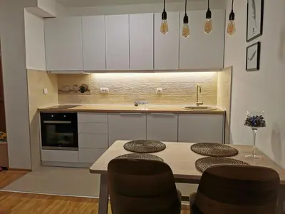 a kitchen with a table with chairs and a sink at Apartman Maximus in Vrnjačka Banja