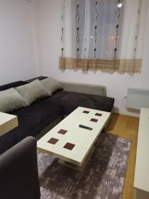 a living room with a black couch and a table at Apartmani Nedeljkovic Brzece Kopaonik in Brzeće