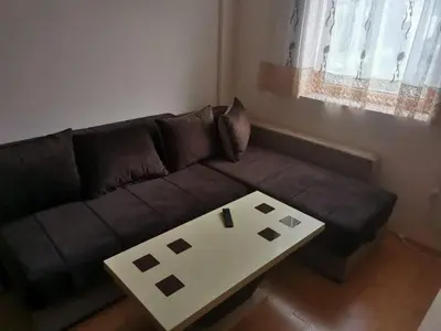 a living room with a brown couch and a table at Apartmani Nedeljkovic Brzece Kopaonik in Brzeće