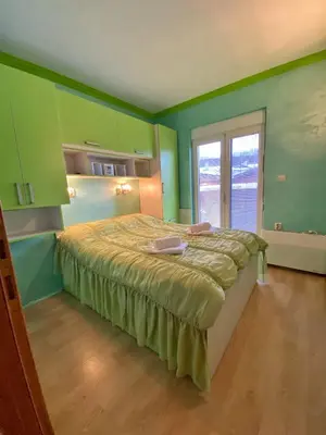a bedroom with a bed with green walls and a window at Apartman Marko B in Vrnjačka Banja