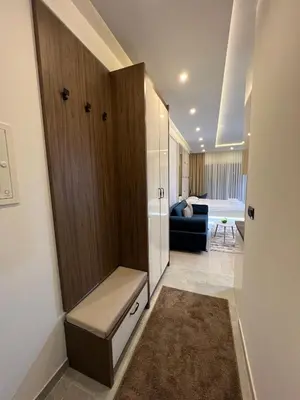 a bathroom with a walk in shower and a couch at Apartman Holiday in Kopaonik