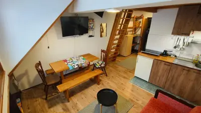 an overhead view of a room with a table and a kitchen at Bele staze 85, GONDOLA, Brzeće in Brzeće