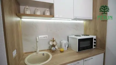 a small kitchen with a microwave and a sink at PERUN in Vrnjačka Banja