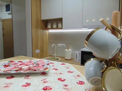 a kitchen counter with a plate of food on a table at PERUN in Vrnjačka Banja