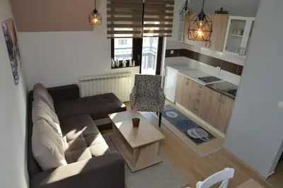 a living room with a couch and a table at Apartman Ema BIG 64m2-duplex Kopaonik in Kopaonik