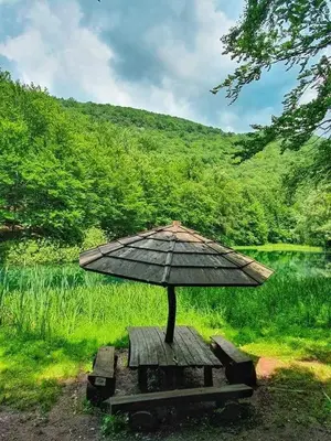 a table with an umbrella on top of it at Apartmani Grza in Paraćin
