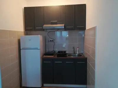 a small kitchen with a refrigerator and a sink at Apartman 2M Lux in Vrnjačka Banja