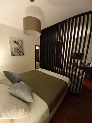 a bedroom with a large bed with a black headboard at Studio Diamondlux Vrnjačka Banja in Vrnjačka Banja