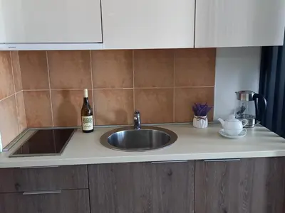 a kitchen counter with a sink and a bottle of wine at Studio Diamondlux Vrnjačka Banja in Vrnjačka Banja