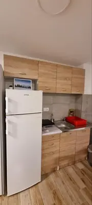 a kitchen with a white refrigerator and a sink at Iznad oblaka B02 in Kopaonik