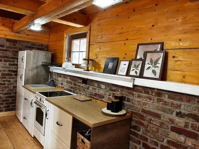 a kitchen with a brick wall in a cabin at Lozanski ambar in Boljevac