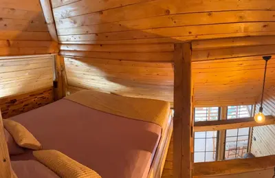 a bedroom in a log cabin with a bed in it at Lozanski ambar in Boljevac