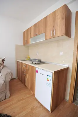 a kitchen with a white refrigerator and wooden cabinets at Kopaonik Apartman Sanja in Kopaonik