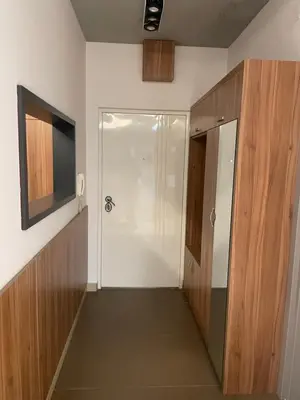 a hallway with a glass door and a television at Leo lux 1 in Niš