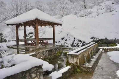 a gazebo in the snow next to a stream at Mitrović in Boljevac