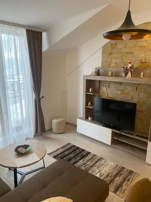 a living room with a fireplace and a tv at Milmari Apartman N92 Kopaonik in Kopaonik
