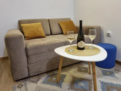a couch with a table with two glasses of wine at Apartment Nadja in Kopaonik
