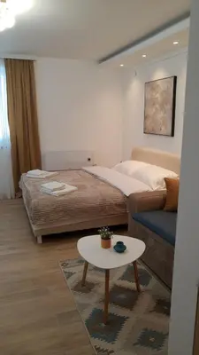 a bedroom with a bed and a couch and a table at Apartment Nadja in Kopaonik