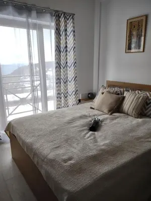 a bedroom with a large bed with a large window at MILMARI Kop N10 in Kopaonik