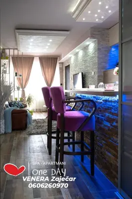 a kitchen with a purple chair in a room at Spa Apartman URBAN Life ZAJEČAR in Zaječar